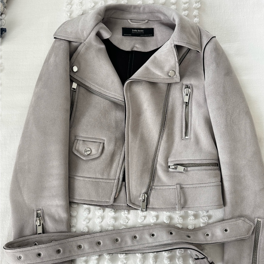 Zara Light Gray Suede Moto Jacket